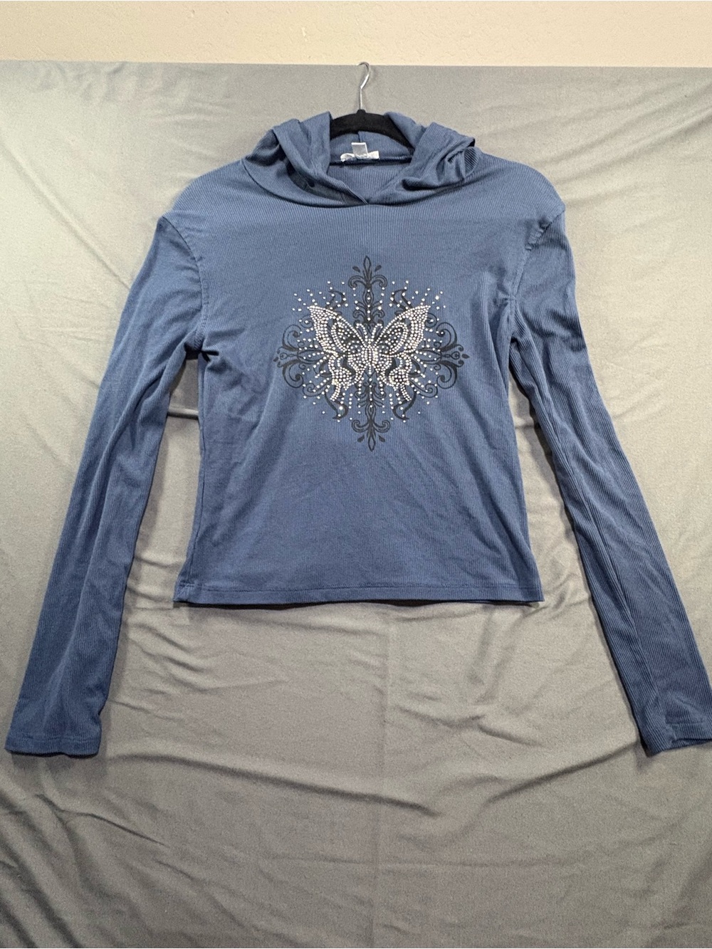 Blue Hooded Long-Sleeve Top with Rhinestone Butterfly Accent